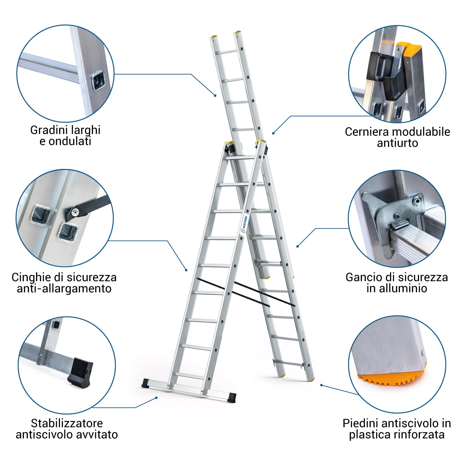 Scala a sfilo a 3 rampe StablePro, gradini 3x9 in alluminio, allungabile, 6 posizioni, altezza massima di lavoro 6,10 m, 5 anni di garanzia, Hostrom