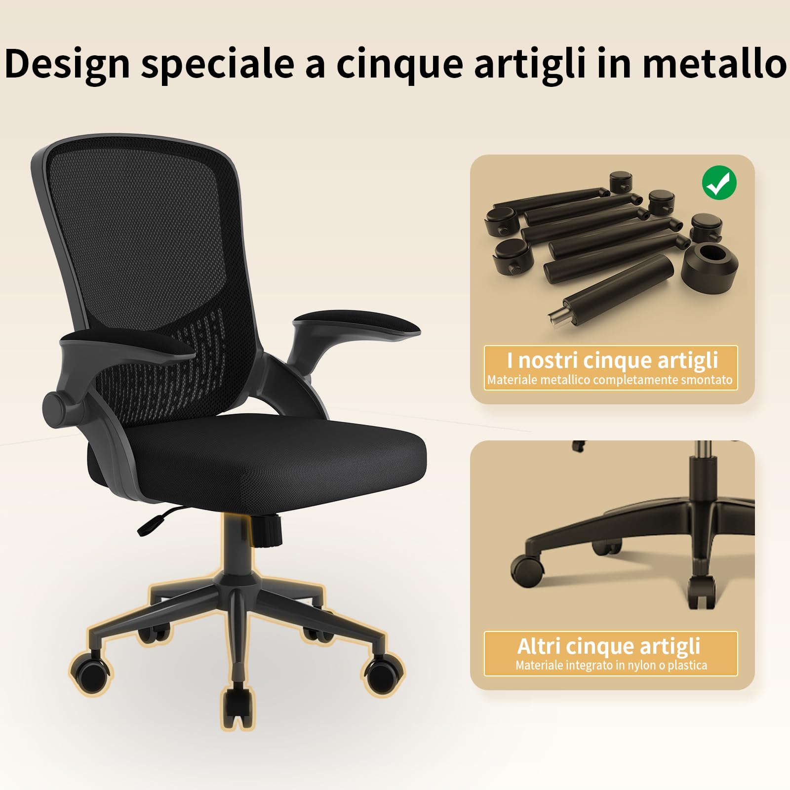 naspaluro Sedia Ufficio,Sedie Scrivania Ergonomica Con Braccioli Ribaltabili a 90°,Poltrona Ufficio Ergonomica lombare, Rivestimento in Rete Traspirante, Sedia Girevole a 360° Con Funzione Swing,Nera