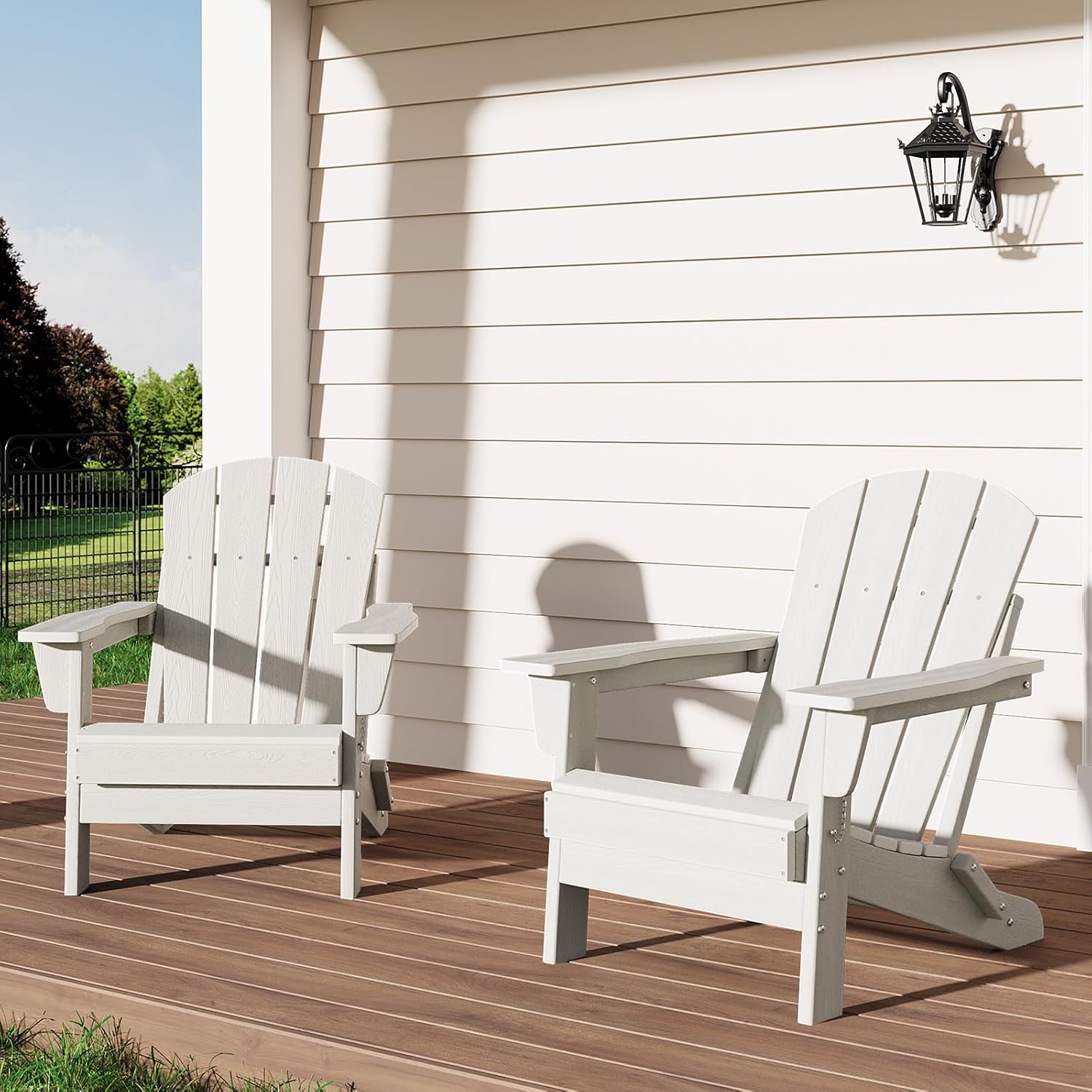 GarveeLife Folding Adirondack Chairs Set of 2, HDPE Plastic Outdoor Chairs with Wood Texture - 380 LBS & Weather Resistant for Fire Pit, Deck, Patio, Pool, Backyard - White