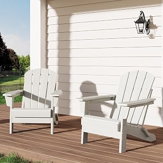 GarveeLife Folding Adirondack Chairs Set of 2, HDPE Plastic Outdoor Chairs with Wood Texture - 380 LBS & Weather Resistant for Fire Pit, Deck, Patio, Pool, Backyard - White