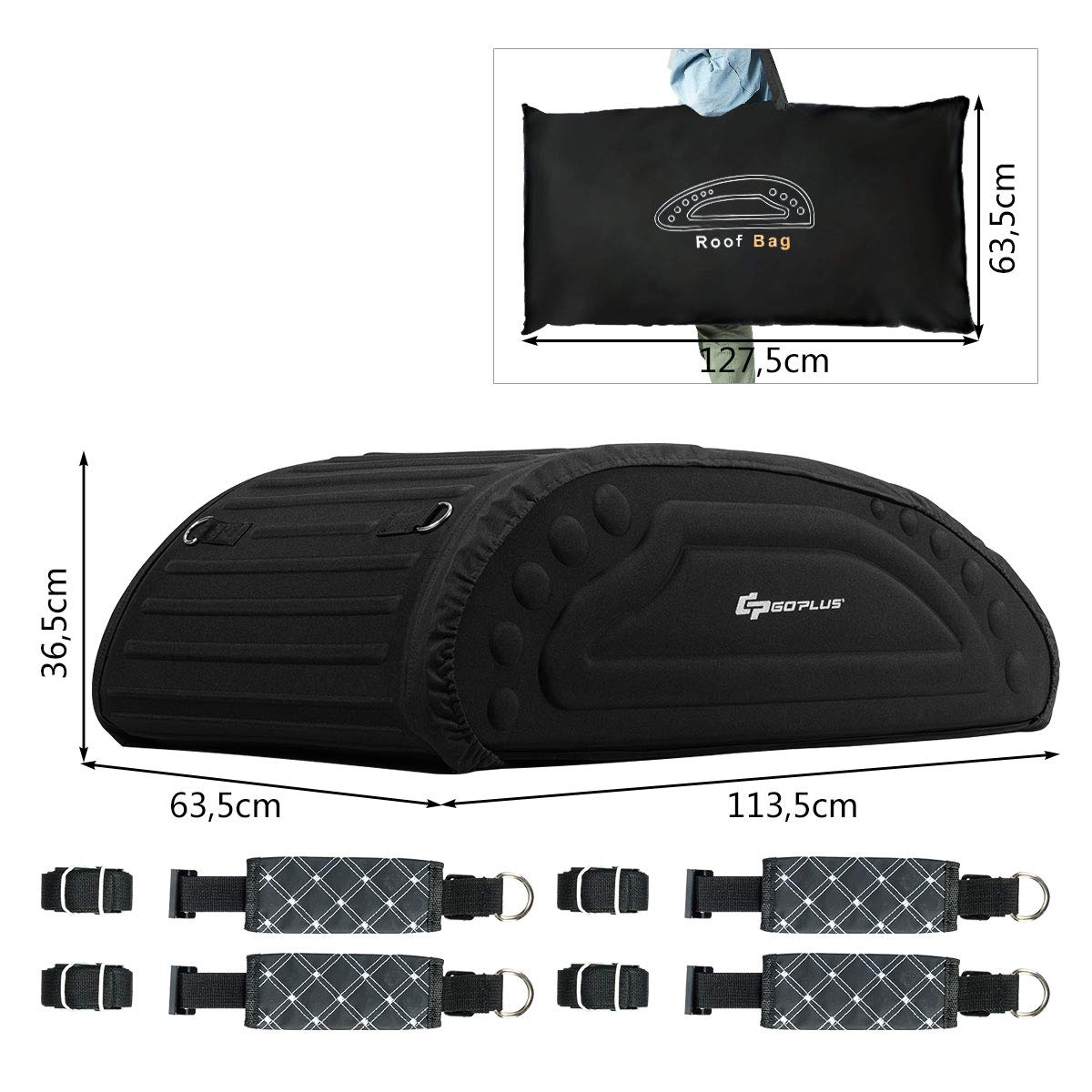 GOPLUS Coffre de Toit Voiture Pliable, 4 Cordons d’Attachement, Sac de Toit Voiture Utilisable avec ou sans Barre de Toit, Surface Imperméable, Charge 60KG, Sac de Transport, Sangle de Sécurité Dedans