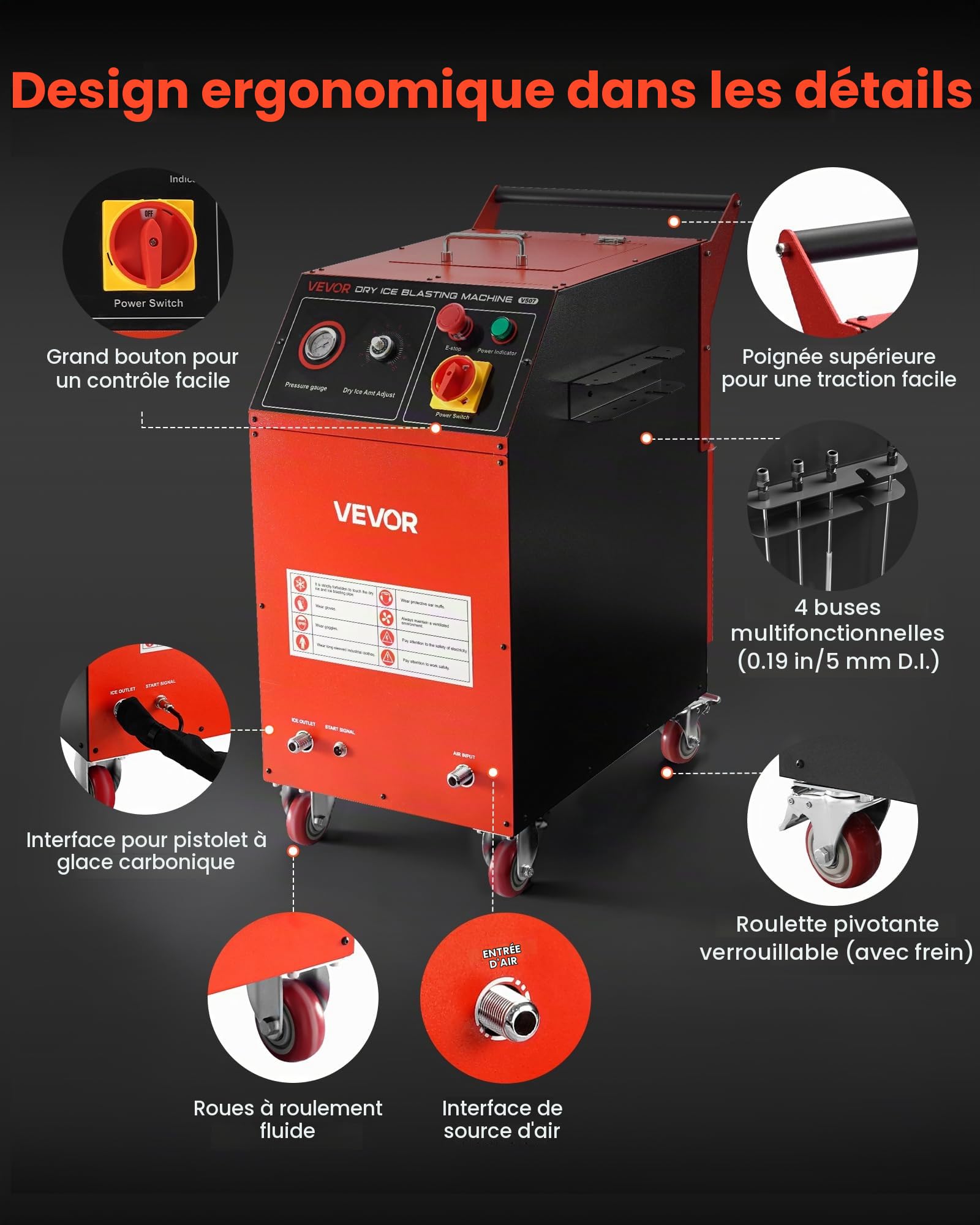 VEVOR Machine de Projection de Glace Sèche, Capacité 7,5 kg, Machine de Nettoyage Cryogénique 4 Buses, Pression Quantité Réglables, Nettoyeur Jet Mobile pour Auto, Navire, Aviation, Produits Chimiques