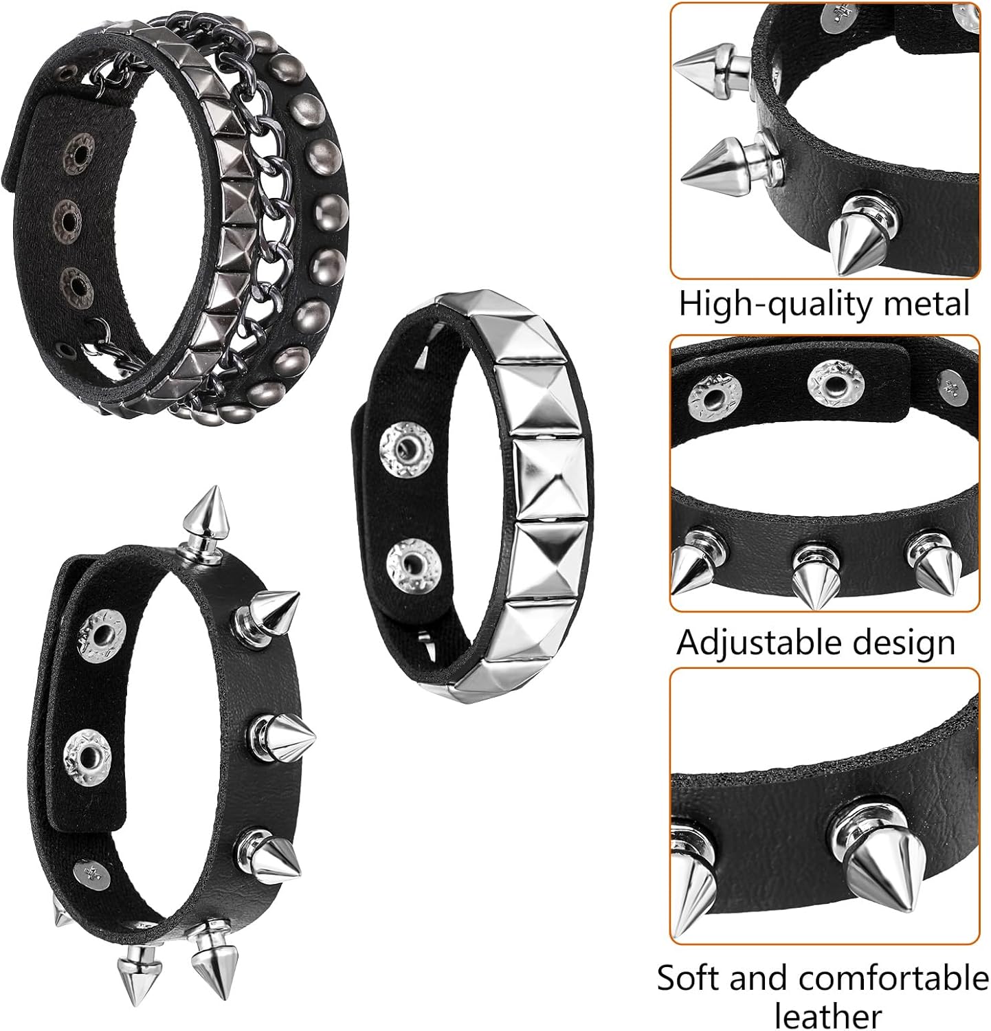 3 Pcs Punk Rock Leather Bracelets, Punk Rock Studded Bracelet Spiked Leather Cuff Bracelet for Men Women 80s Wristband Adjustable Wrap Wrist Cuffs for Halloween Party Favors - Image 5
