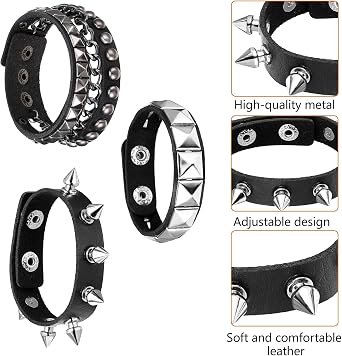 3 Pcs Punk Rock Leather Bracelets, Punk Rock Studded Bracelet Spiked Leather Cuff Bracelet for Men Women 80s Wristband Adjustable Wrap Wrist Cuffs for Halloween Party Favors