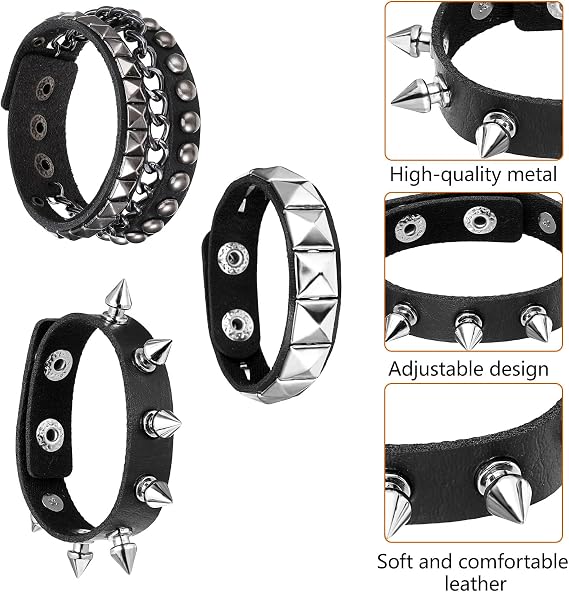 3 Pcs Punk Rock Leather Bracelets, Punk Rock Studded Bracelet Spiked Leather Cuff Bracelet for Men Women 80s Wristband Adjustable Wrap Wrist Cuffs for Halloween Party Favors