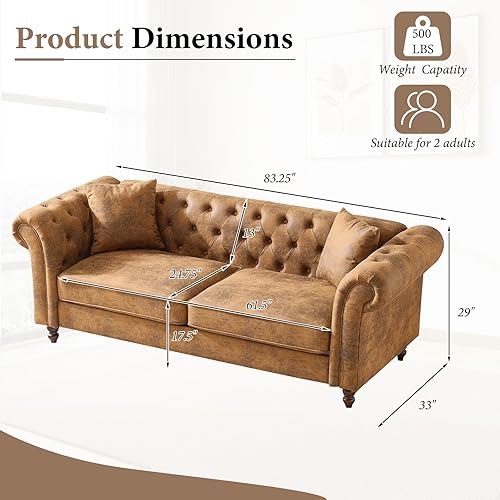 Miniatura 2 de Sofá Chesterfield Air tapizado de cuero de 79 pulgadas, sofá tapizado con brazo enrollado de 3 plazas con 2 almohadas, sofá Chesterfield moderno de