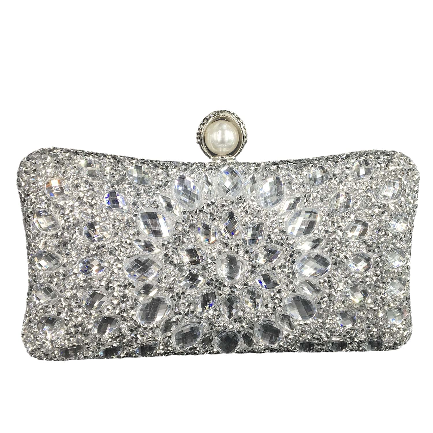 Boutique De FGG Pearl Clasp Silver Crystal Clutch Purses for Women's Evening Handbags Wedding Party Rhinestone Bag