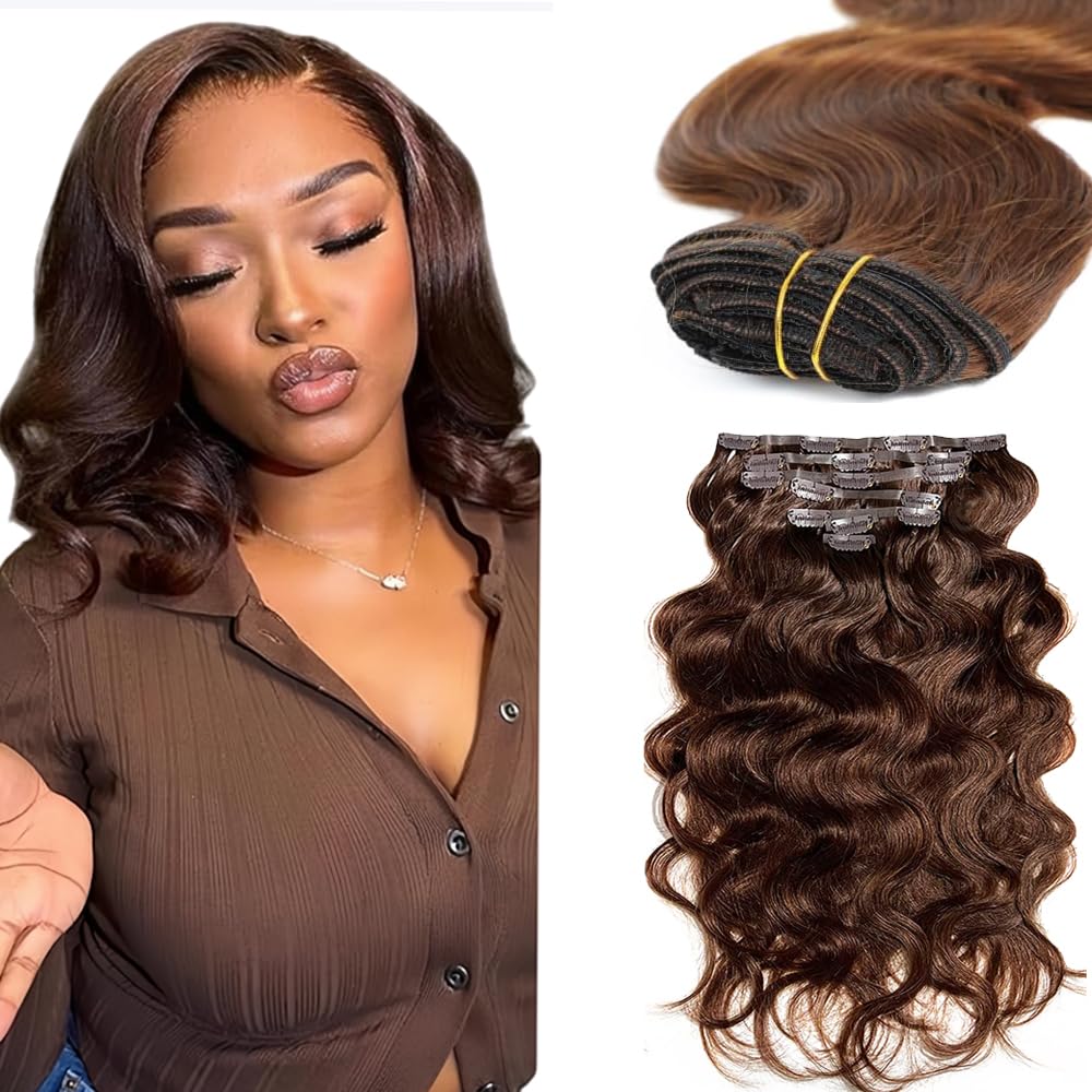 Photo 1 of #4 Brown Clip in Hair Extensions Real Human Hair,16 Inch 120g/7Pcs,Full Shine Dark Brown Remy Human Hair,Chocolate Brown Body Wave Clip ins Brazilian Hair Extensions