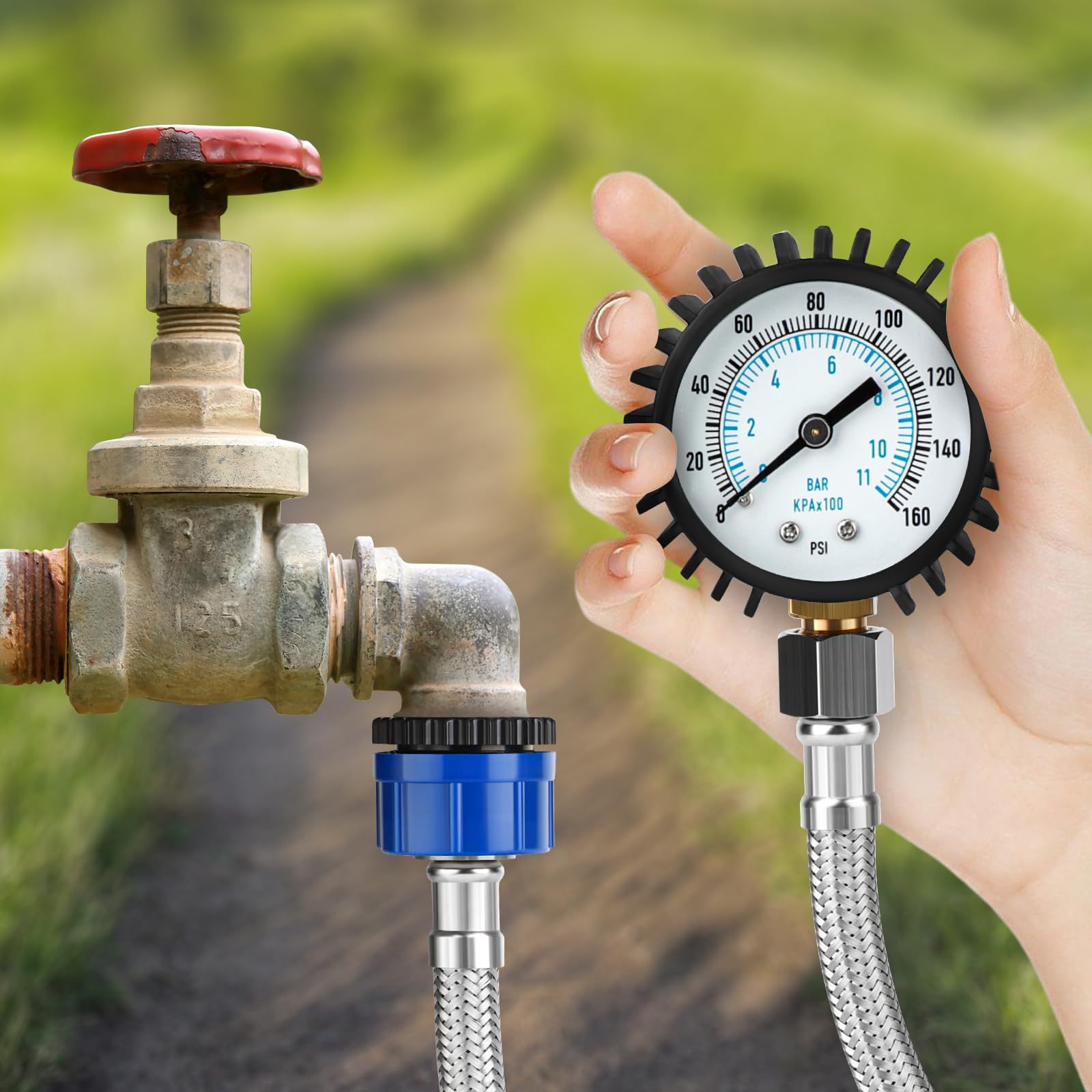 Manometro per pressione dell'acqua 0-11 Bar/0-160 Psi, quadrante da 2" in acciaio inossidabile Manometro per pressione di alimentazione dell'acqua con raccordo per rubinetto flessibile