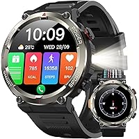 IOWODO Smartwatch Uomo, 1.45" Militari Orologio Intelligente con Torcia Bussola