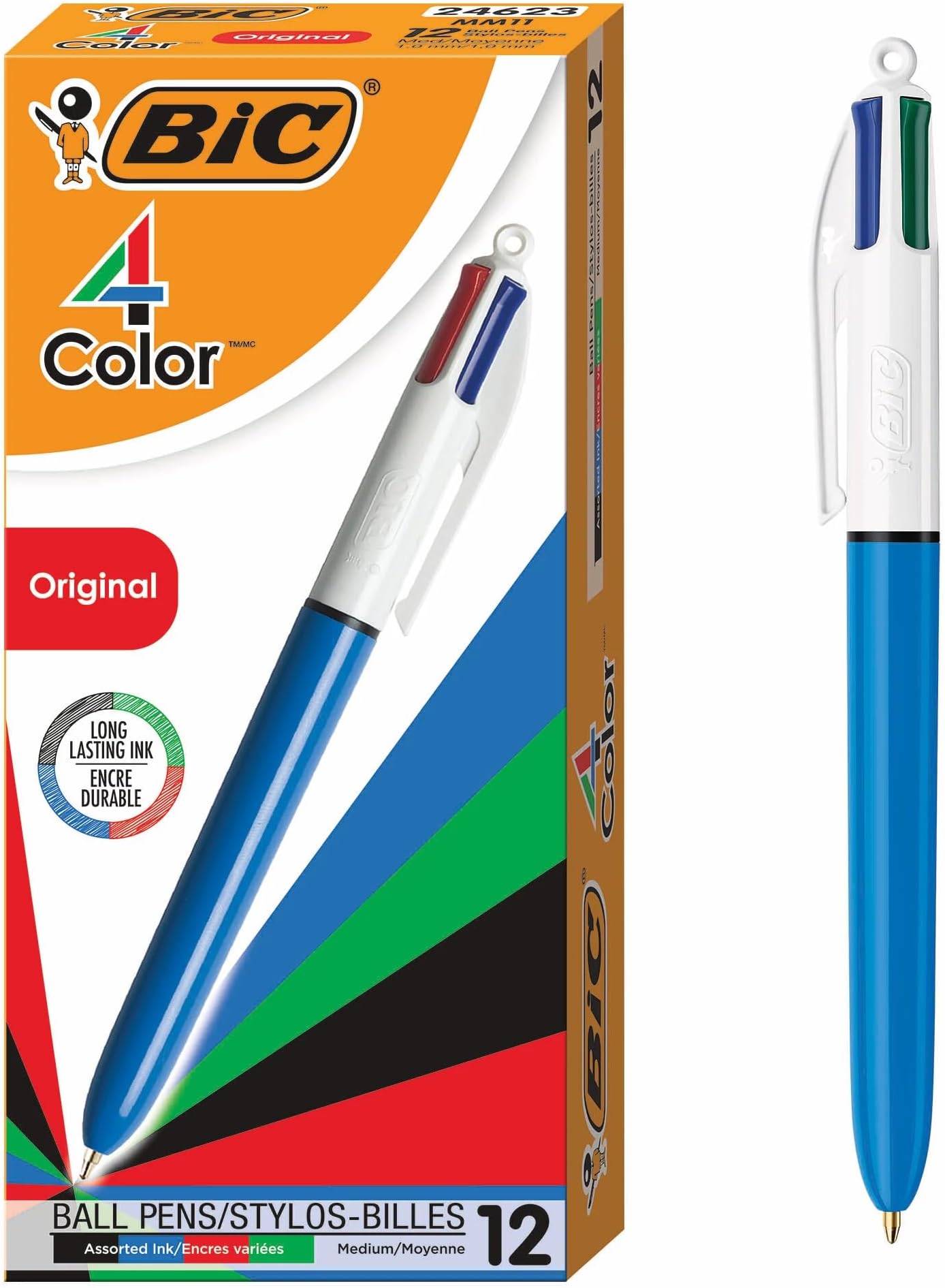 Bic 4-Color Retractable Ballpoint Pen, Medium Point (1.0mm), Assorted Colors, With Long-Lasting Ink, 12-Count