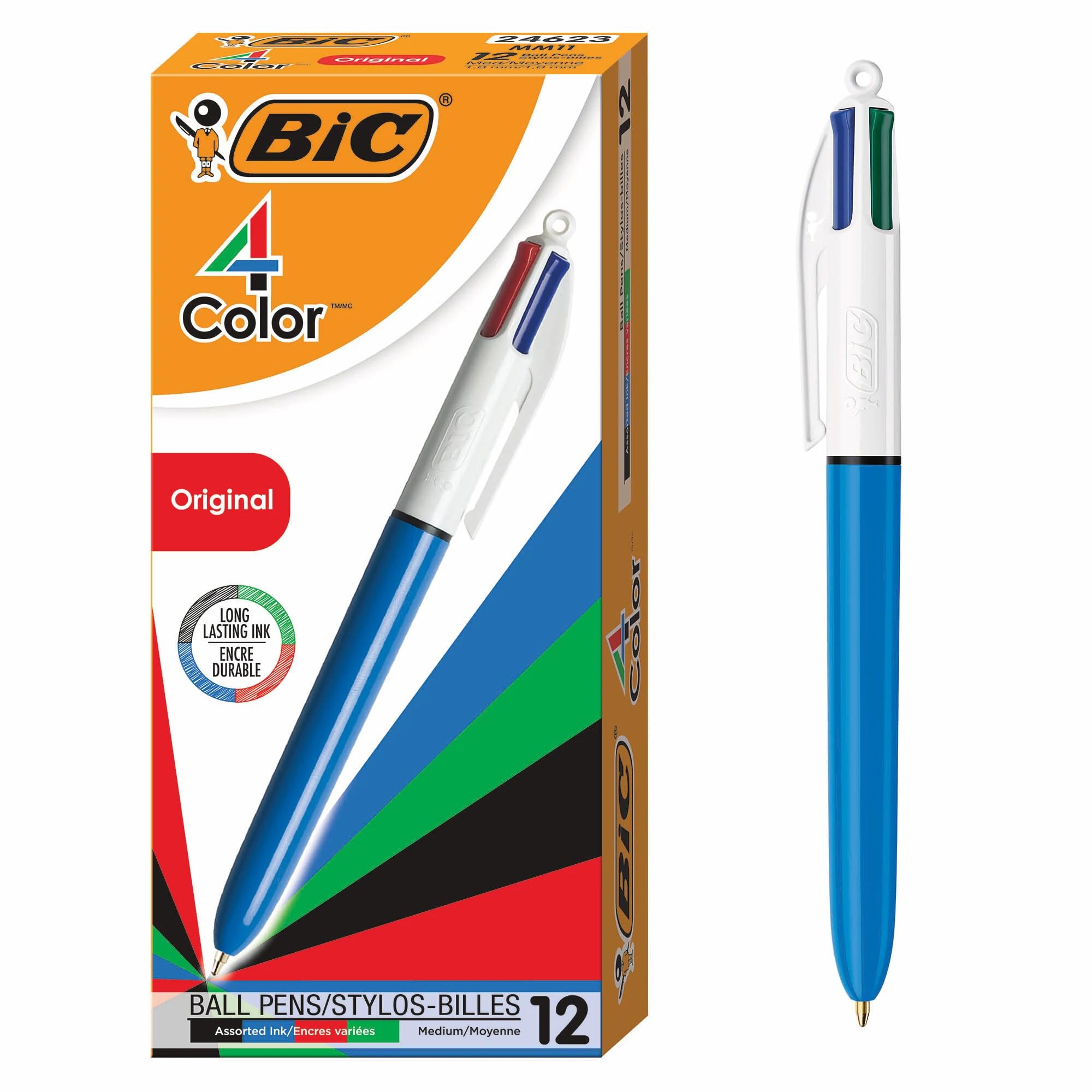 Bic 4-Color Retractable Ballpoint Pen, Medium Point (1.0mm), Assorted Colors, With Long-Lasting Ink, 12-Count