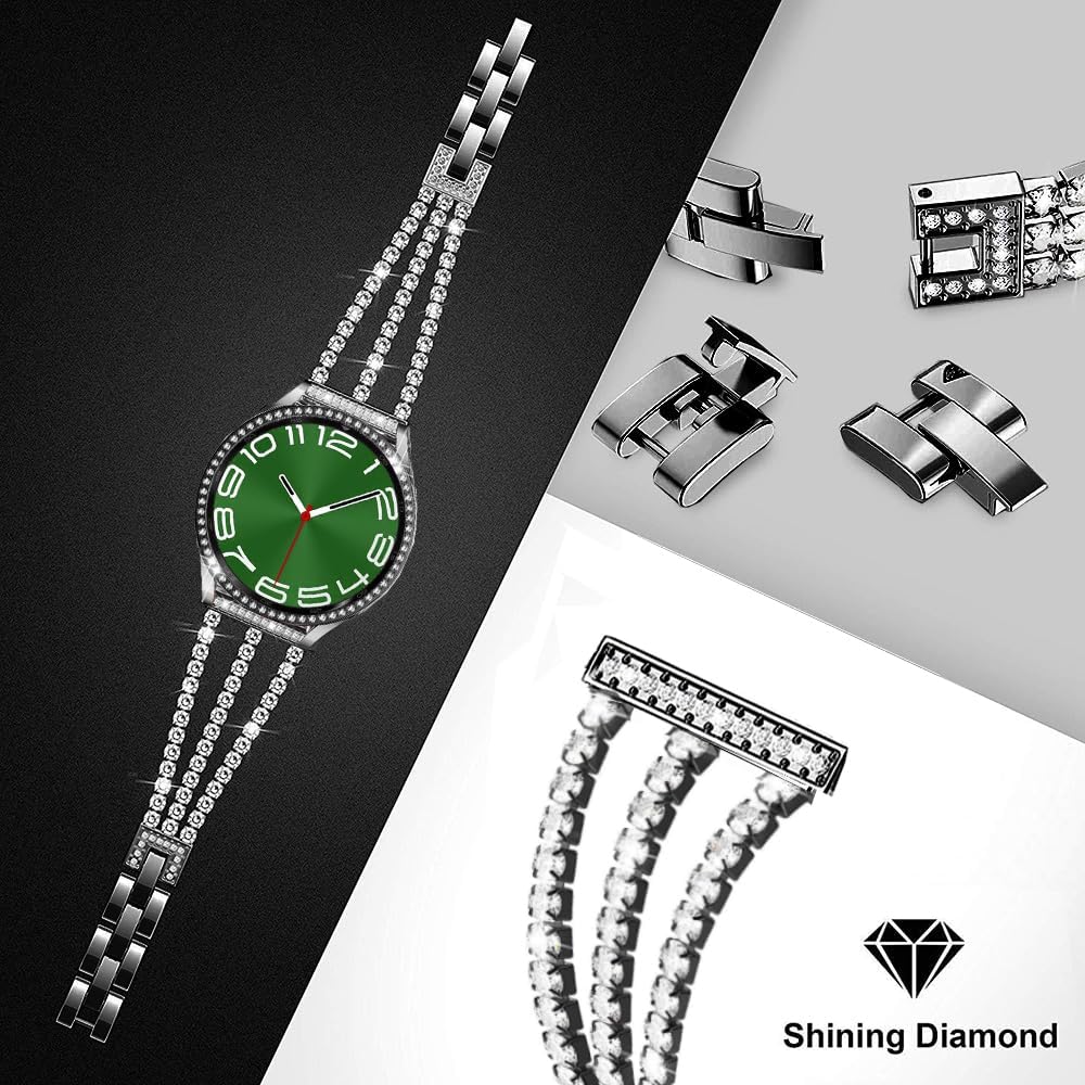 Bands Compatible with Samsung Galaxy Watch 6 40mm 44mm / Galaxy 6 Classic 43mm 47mm, 20mm Thin Bling Rhinestone Metal Strap with Diamond protective case Replacement for Women Men (Black) - Image 2