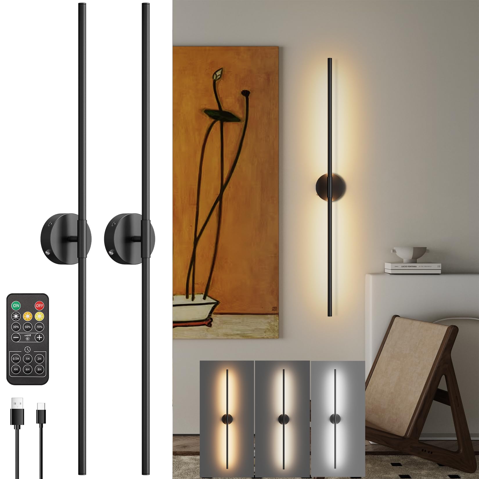 Klighten 2 Stück 6W LED Akku Kabellose Wandlampe Dimmbar und Timer Funktion, 100m Schwarz Wandleuchte Wiederaufladba mit Fernsteuerung, für Schlafzimmer Wohnzimmer Treppenhaus, 3000K/4000K/6000K
