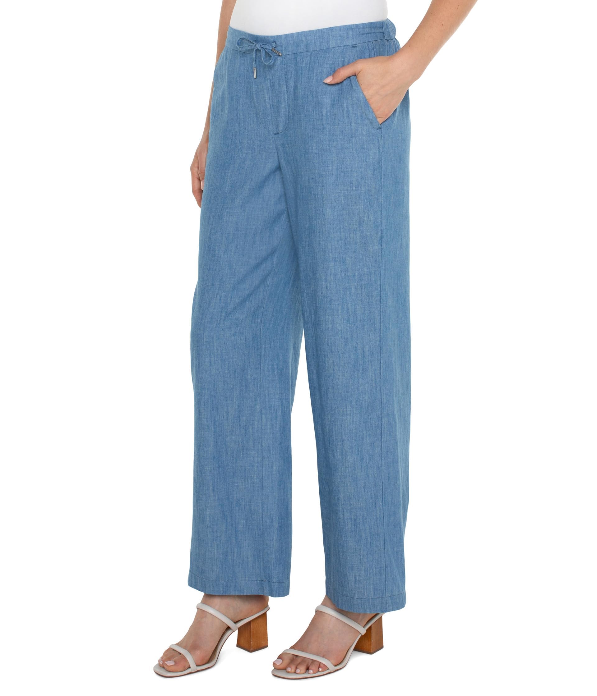 Liverpool Womens Chambray Mid-Rise Relaxed Wide Leg Pull on Tie Waist Pant 30