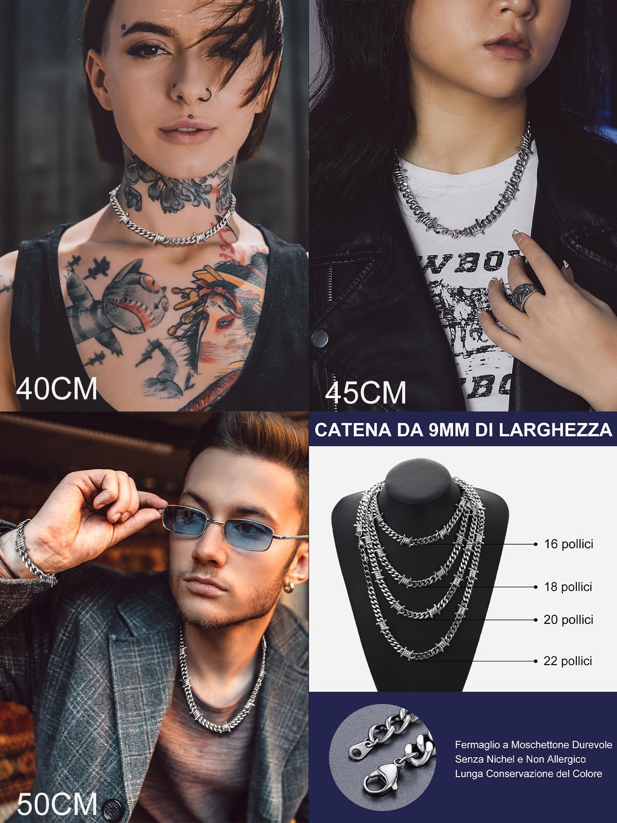 Bandmax Collana Uomo Catena Cubana con Spine - Larghezza 5/7/9/12 MM, Lunghezza 40-55 CM, Oro/Nero/Acciaio Inossidabile - Catenina Grossa Stile Hip Hop Punk per Uomini Donne Antiscolorimento