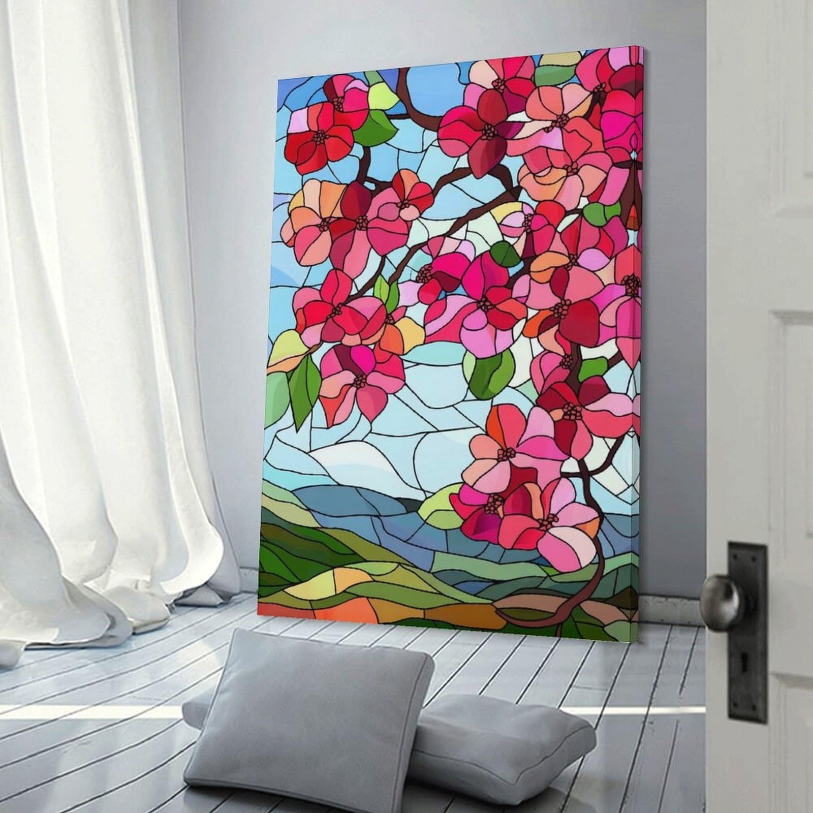 Junmoney Frame-Style-17 Stained Glass Spring Blossoms Canvas Wall Art, 24X36inch(60X90cm), For Wall Displays, Bedrooms Or Room Updates, Ideal For Building A Coordinated Art Wall