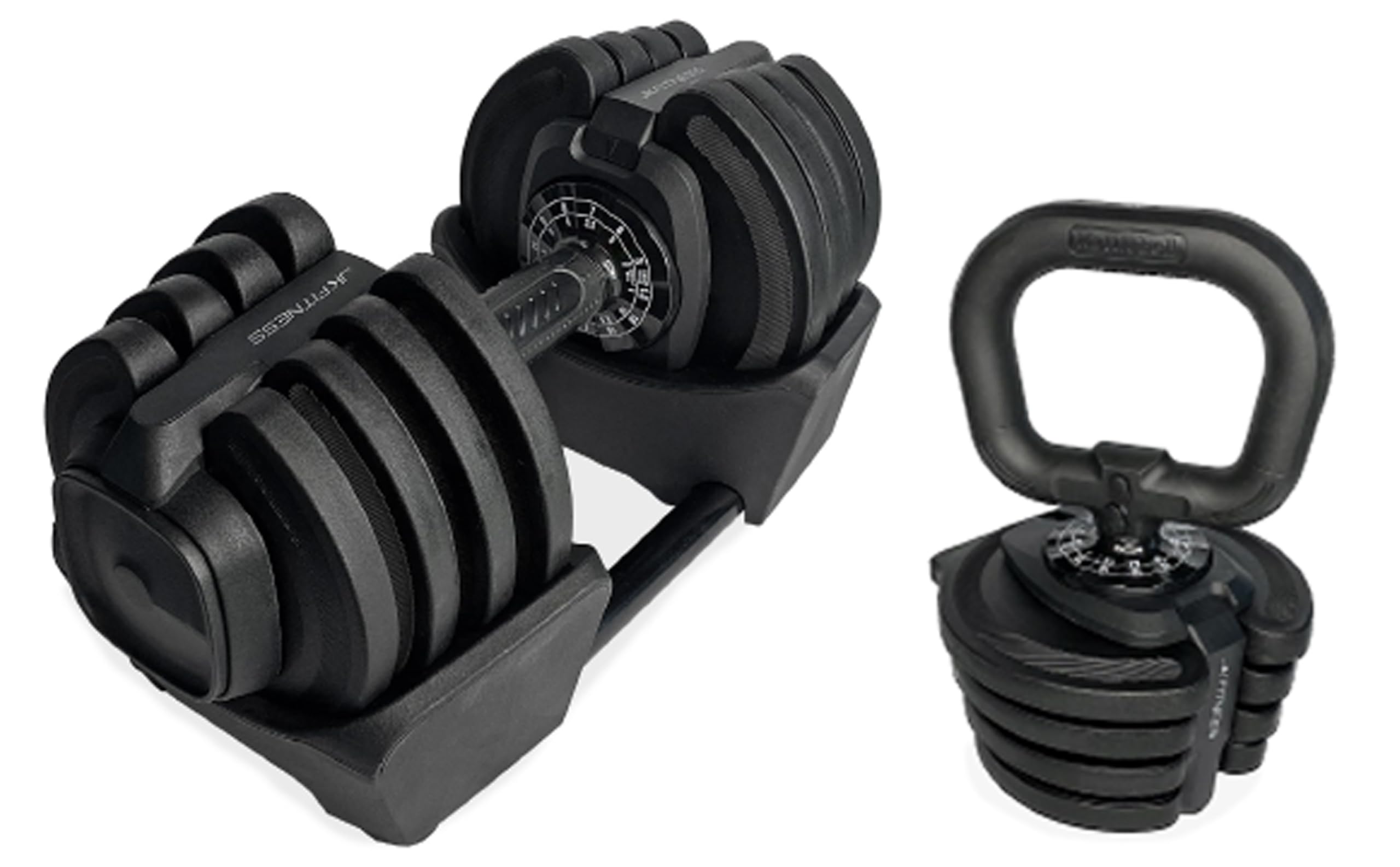 JK Fitness【Manubrio/Kettlebell Selezionabile 2in1 1–18 kg + Base】Dumbbell Regolabile Rapido, 1,5–18 kg (manubrio) e 1–10 kg (kettlebell), Antiscivolo, Salvaspazio per Home Gym e Functional
