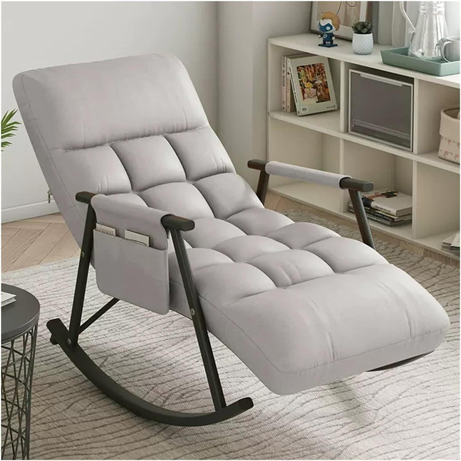Genérico Sillón mecedor Moderno para Sala de Estar, Dormitorio, con 5 Posiciones reclinables y Bolsillo Lateral, Respaldo Alto (Blanco Crema)