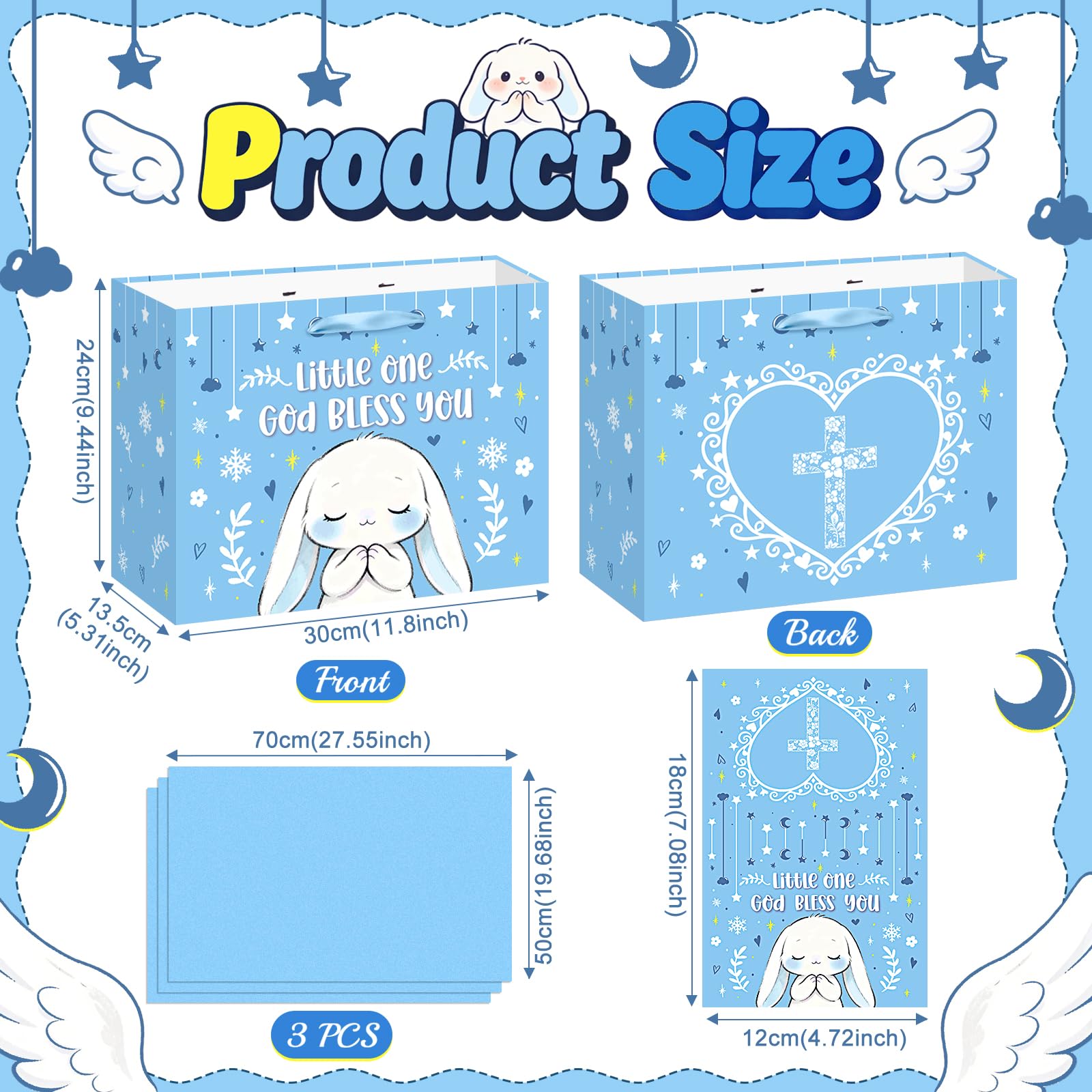 Blue Bunny Baptism Gift Bag for Baby Boys, God Bless You Religious Gift Bag with Greeting Card and Tissue Paper Christening First Holy Communion Party Supplies Boy Baptism Wrapping Paper Bag 11.8"