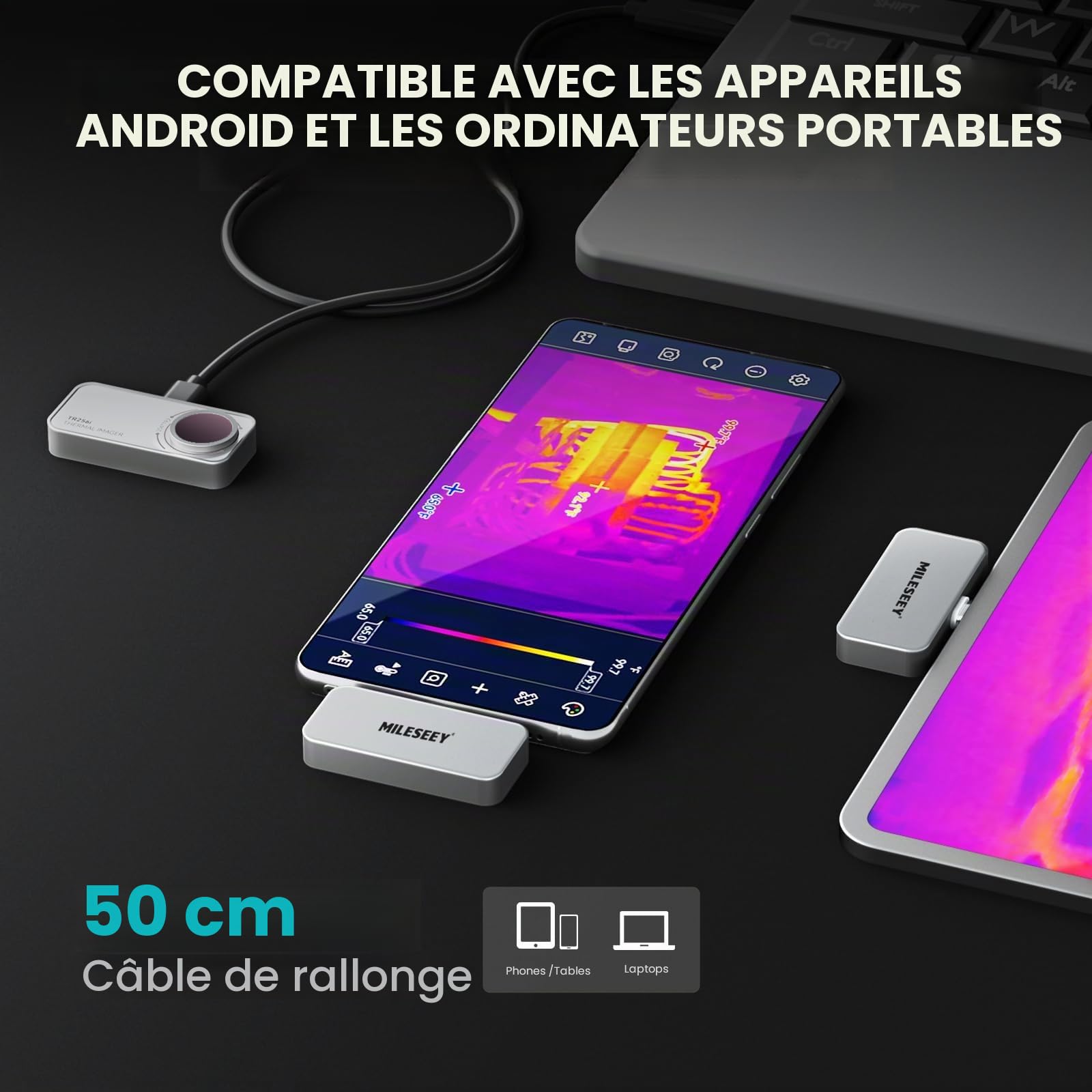 Mileseey TR256i Caméra d'imagerie Thermique 256 x 192 pour Android Type-C, boîtier entièrement métallique 20 g, Plage de Mesure -15 °C ~ 600 °C, résolution 25 Hz, 3 mesures de Chaleur et 6 palettes