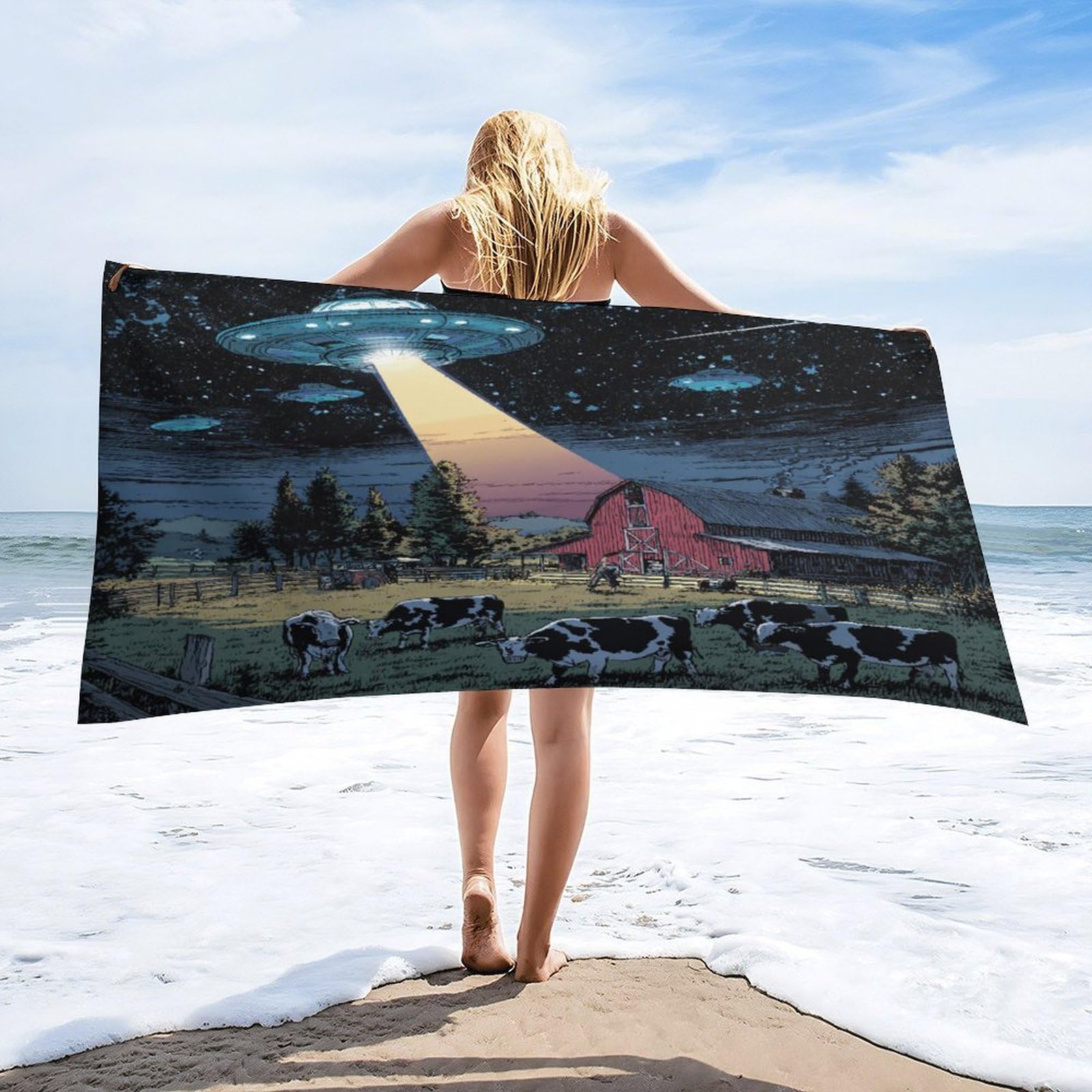 Luyysky Western Realistic Farmhouse Ufo Quick-Drying Beach Towel, Retro Oil Painting Farm Log Cabin Barn Animal Cow Travel Vacation Single Sided Pile Bathroom Towels-80 W Cm X 160" L Cm