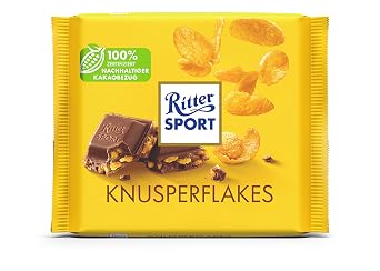 Neues Design Ritter Sport Knusperflakes 100g, Cremige Vollmilchschokolade mit knusprigen Cornflakes, Intensive Tafelschokolade mit Schokoladigem Knuspererlebnis