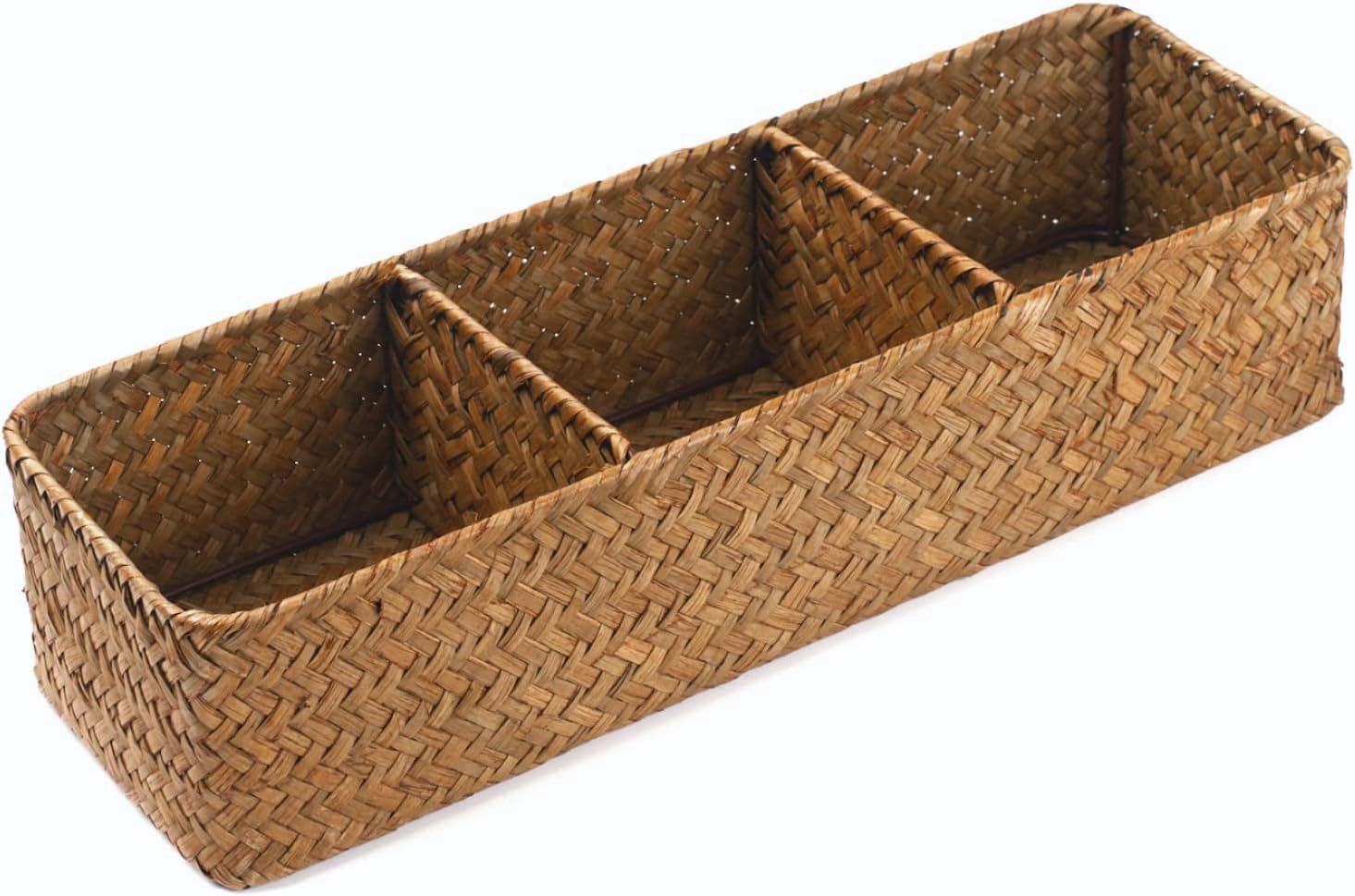 Toilet Tank Basket, Seagrass Storage Basket for Bathroom, Wicker Woven Bathroom Organizer with 3 Compartments, Large