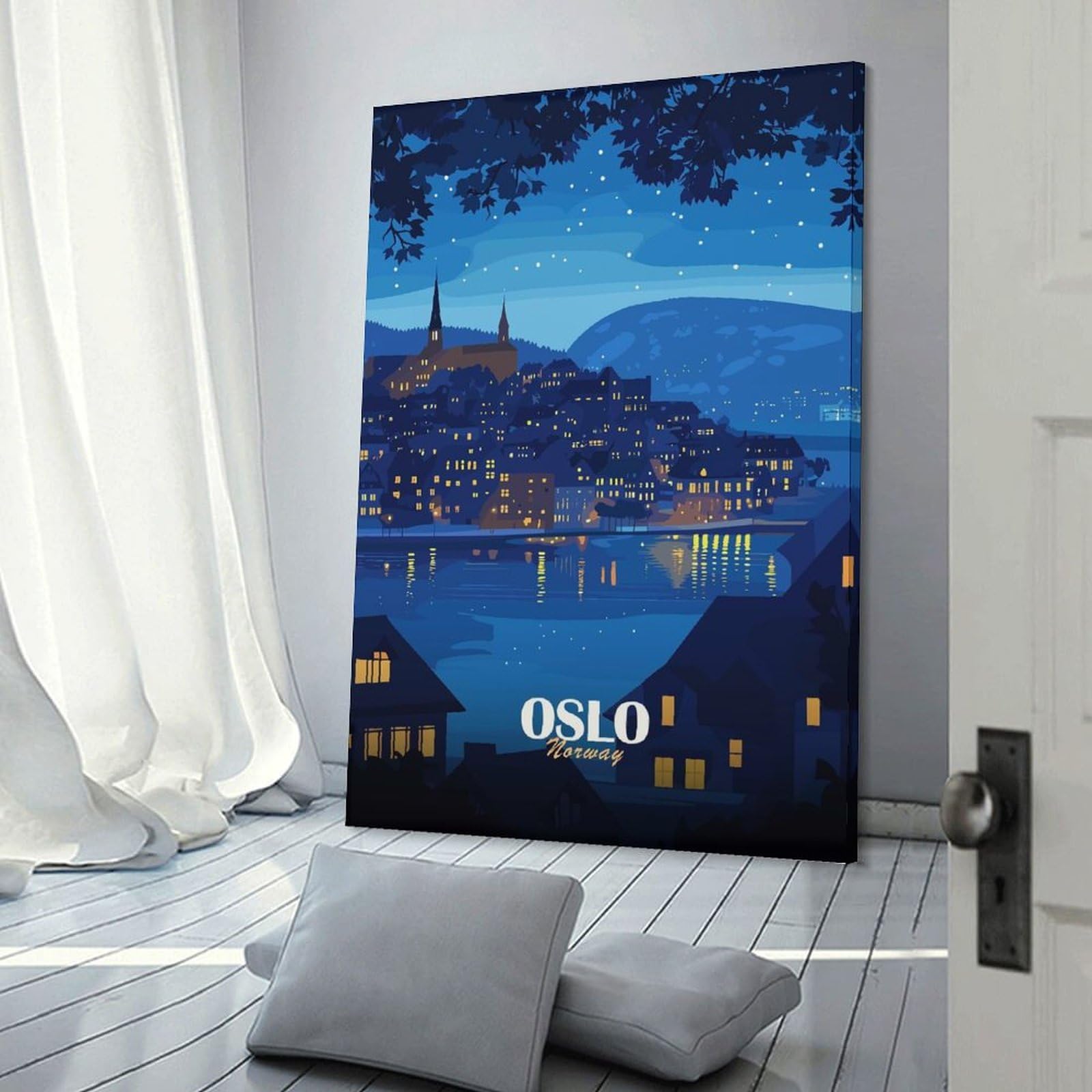 Junmoney Oslo, Norway Night Cityscape Illustration Canvas Wall Decor, 20x30inch(50x75cm), for Art Walls, Layered Displays Or Homes, Home Wall Art for Statement Displays