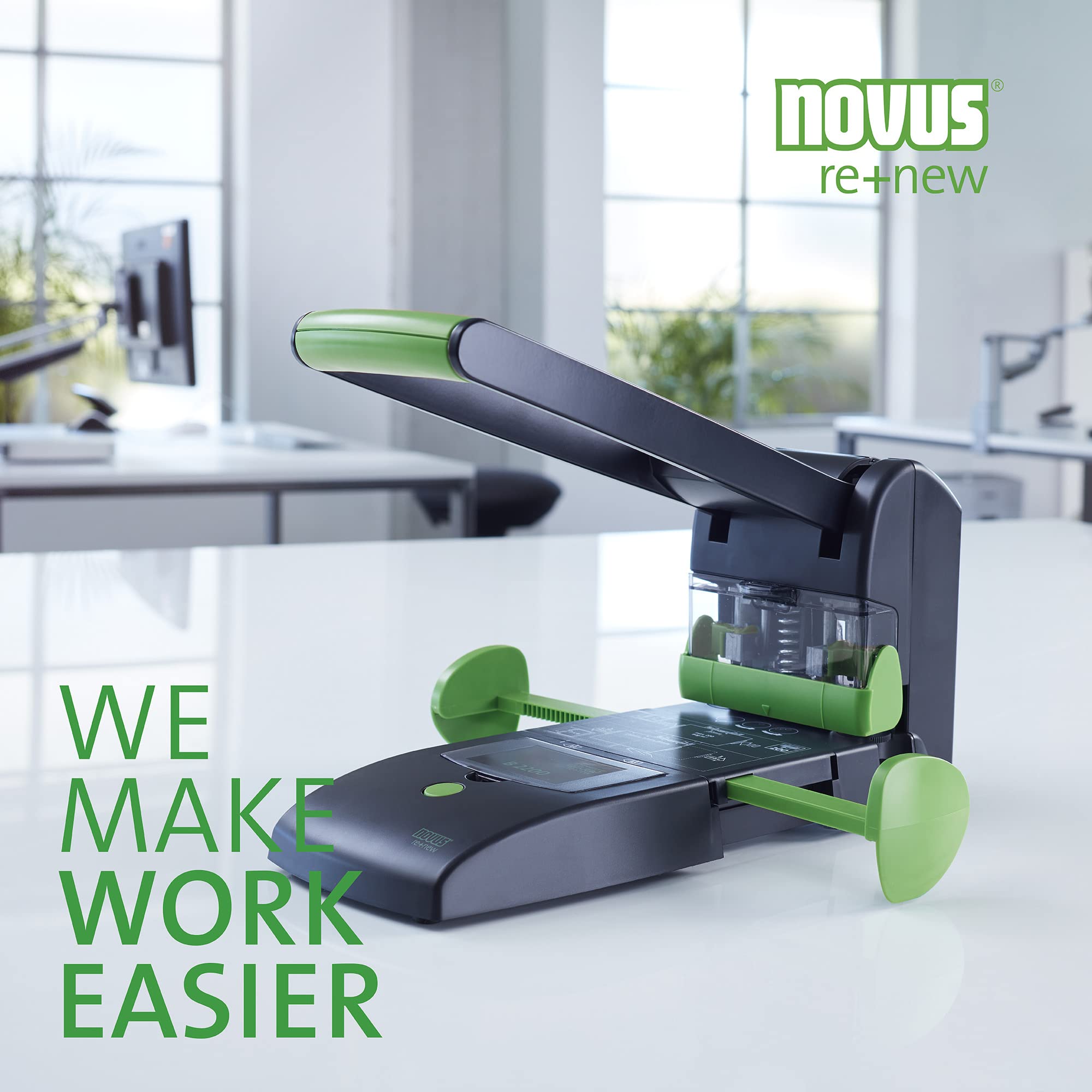 Novus B 2200 re+new Blocklocher, 200 Blatt, schwarz-grün | Zwei- und Vierfach-Lochung, Vollmetallgerät mit Kunststoffummantelung aus 71% recyceltem Kunststoff