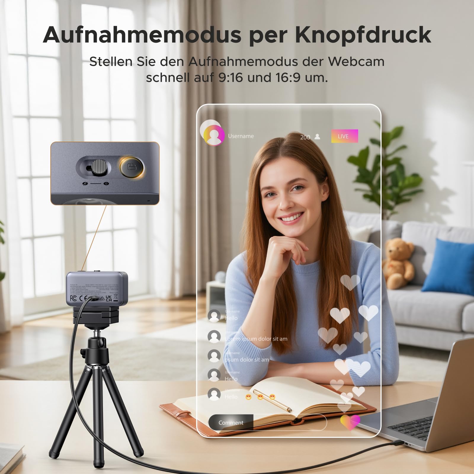 UGREEN FineCam 4K UHD Webcam mit Dual-Mikrofon und Geräuschunterdrückung, Autofokus, USB-C