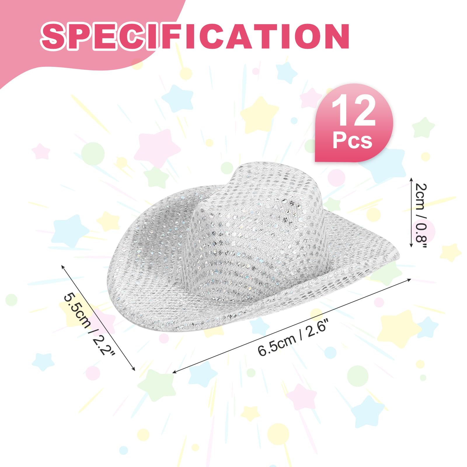 PATIKIL Mini Cowboy Hats, 12 Pcs Miniature Western Cowboy Hat for Crafts Party Decoration, Doll Pet Dress Up, Glitter Dot Style, White - Image 2