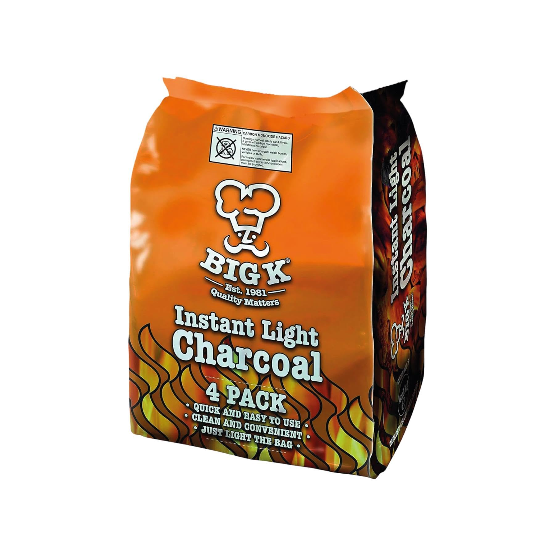 Big K Instant Light Charcoal 4kg | 4 x 1kg Easy-Light Bags | Barbecue Fuel Suitable for Picnics, Family Gatherings & Open-Air Cooking