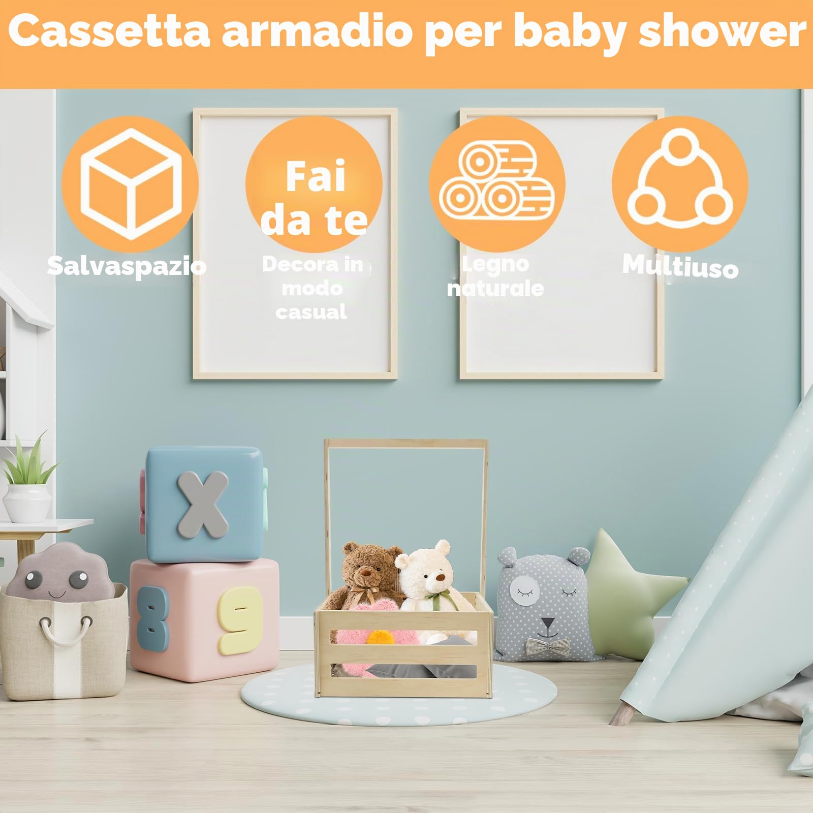 Cesto regalo per bambini in legno cestino armadio per bambini con manico e 5 grucce in legno baby shower armadio per compleanni Natale nuovi genitori