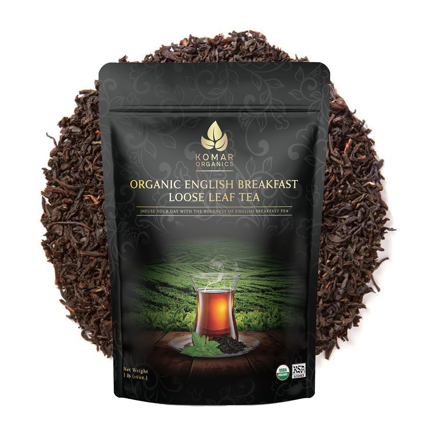 Komar Organics Earl Grey Tea Loose Leaf - 16 Oz USDA Organic, Certified Kosher 1 LB Black Tea Infused With Natural Oil and Bergamot