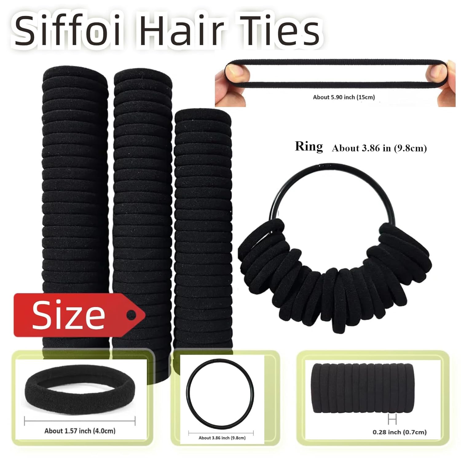Elastici per capelli morbidi, in cotone nero, senza cuciture, con anello organizer gratuito, fasce per capelli di alta qualità per donne, uomini e ragazze (200, nero)