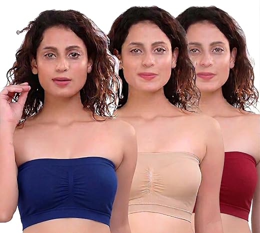 3 Pack Seamless Strapless Tube Bra, Fits Up to Size 32, Stretchable Spandex Free Size Bandeau Bralette, Lightweight, Breat...