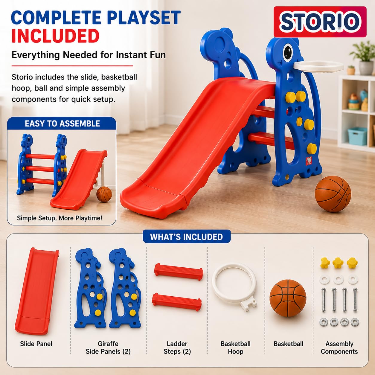 Storio Kids Slide with Basketball Hoop Giraffe Themed Indoor & Outdoor Slide for Kids Ages 2-4 | RED & Blue | Safe, Sturdy & Fun Playset | Easy Assembly Toddler Slide for Boys & Girls 3