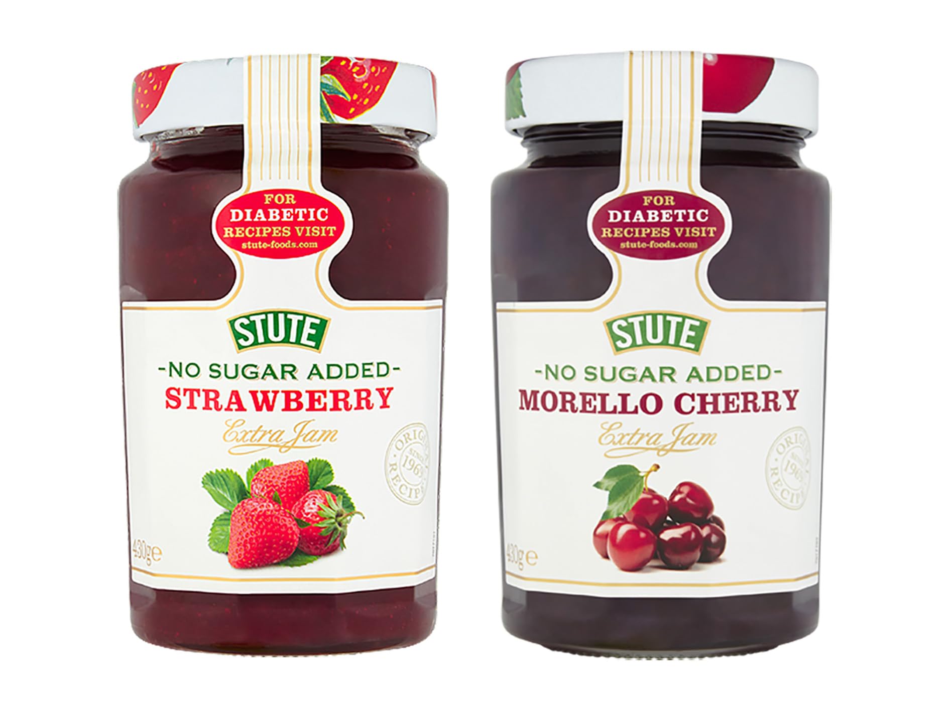 Diabetic Jam Bundle with No Sugar Added Strawberry Jam 430g, No Sugar Added Morello Cherry Jam 430g and Intrinsic Treats Shopping List Card