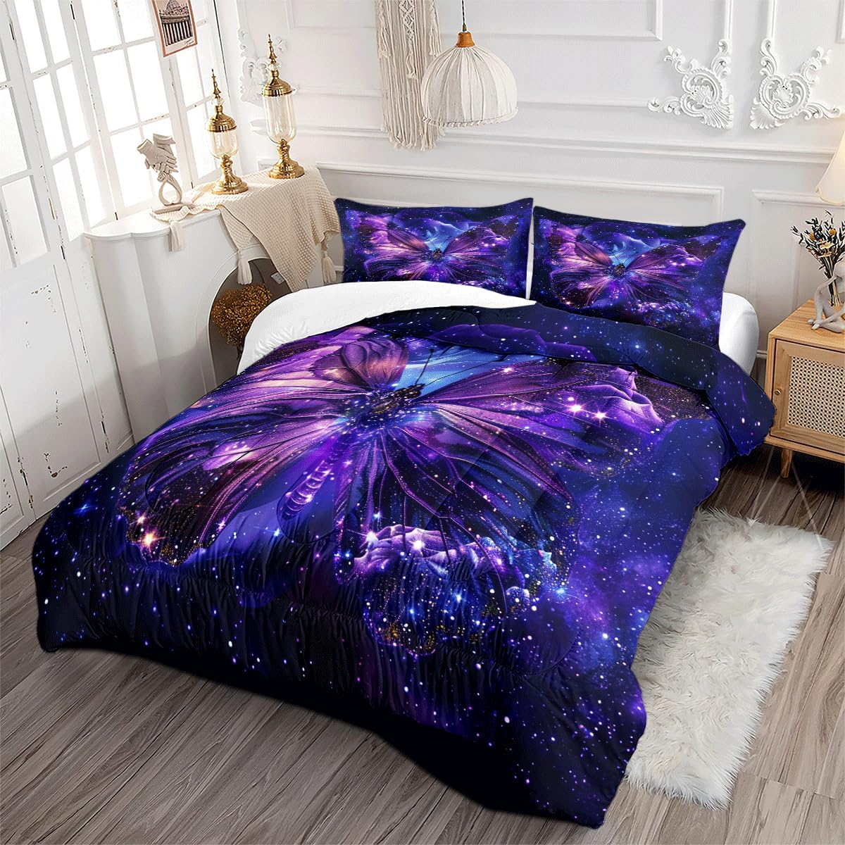 Comforter Set Twin Size Lightweight Kids Teens Adults Purple and Blue Soft Bedding Set 3 Pieces Butterfly Starry Sky Cosmic Microfiber Quilt Set