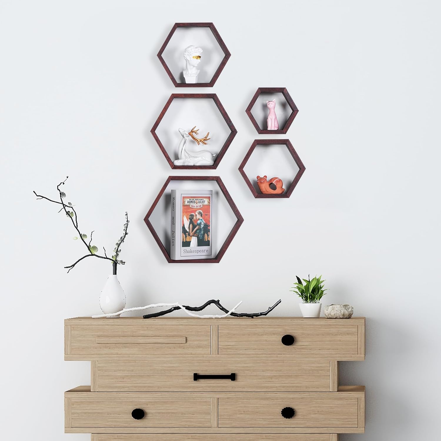 PHOENANCEE Hexagon Floating Shelves,Wall Mounted Wood Farmhouse Storage Honeycomb Wall Shelf Set of 5,for Bathroom, Kitchen, Bedroom, Living Room,Office,Driftwood Finish (Walnut)