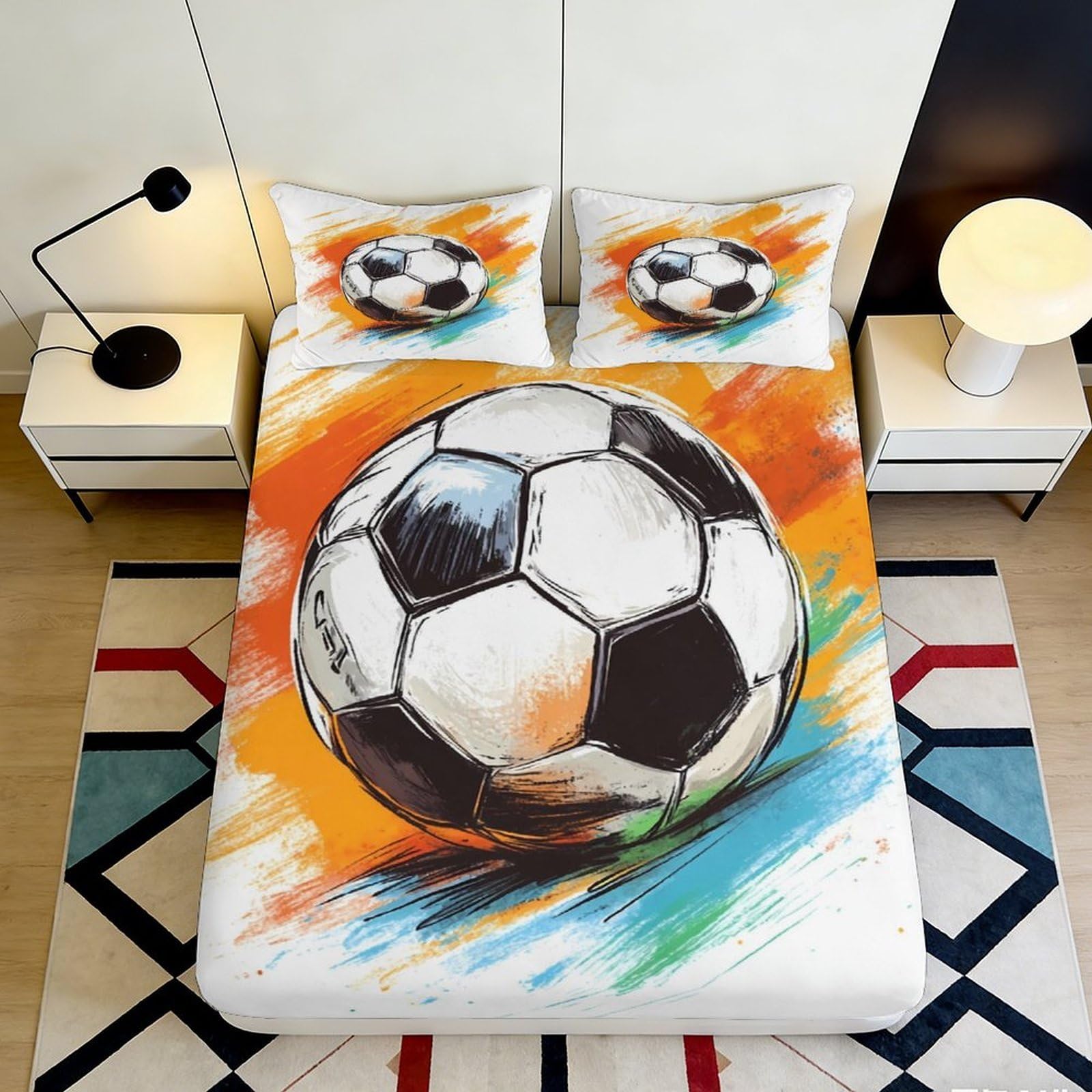 Pnayamiorkfel Style-7 3D Printed Football Splash Fitted Sheet Microfiber Soft Orange Blue Graffiti Soccer Bed Cover For Bedroom Dorm Decor 90X200x25cm