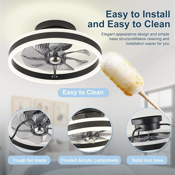 LED Ceiling Fans with Lights Remote,Reversible Bladeless Modern Ceiling Fan Lights Flush Mount 16 inch 6 Speeds 3 Color Dimmable Black Ceiling Fan Light for Bedroom