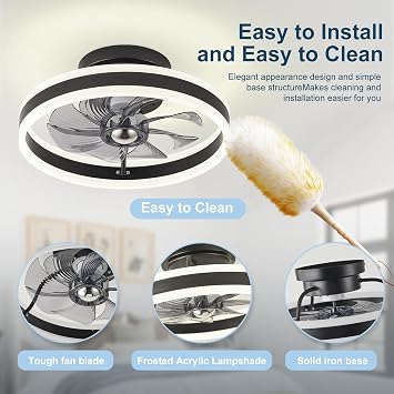 LED Ceiling Fans with Lights Remote,Reversible Bladeless Modern Ceiling Fan Lights Flush Mount 16 inch 6 Speeds 3 Color Dimmable Black Ceiling Fan Light for Bedroom