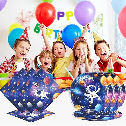 Miniatura 4 de 40 suministros para fiestas del espacio exterior incluyen 20 platos, 20 servilletas para decoración de fiesta de cumpleaños del espacio