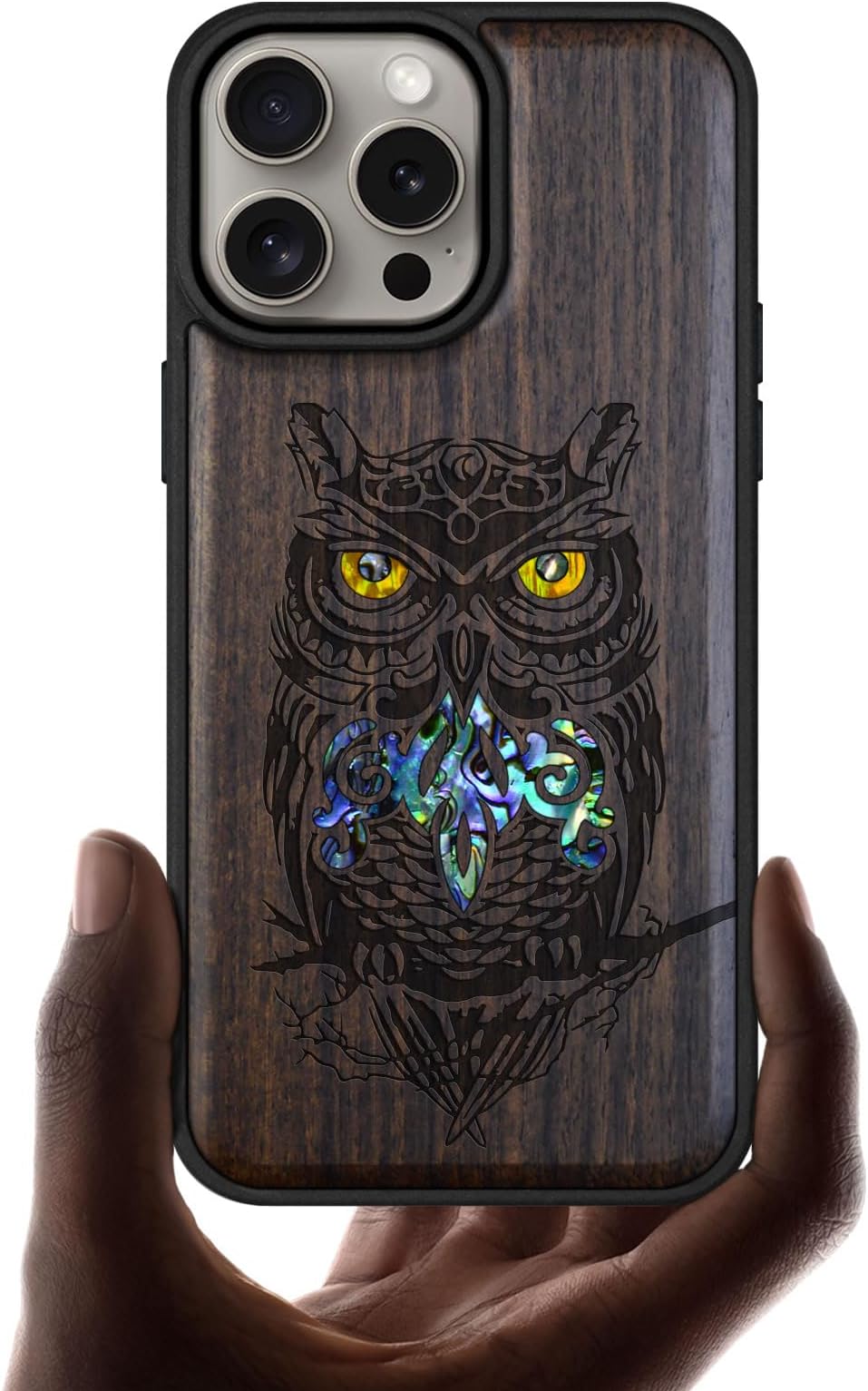 Carveit Designer Wooden Protective Case for iPhone 15 Pro Max Magnetic Case Cover [Wood Engraving & Shell Inlay] Compatible with 15 Pro Max MagSafe Case (An Owl Perched on a Branch-Blackwood)