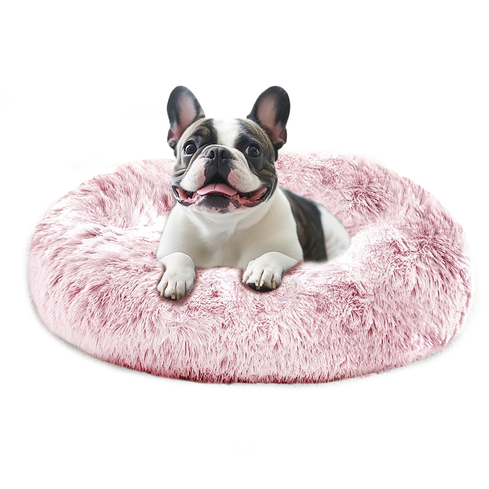 JOLLYVOGUE Calming Dog Bed Medium Size Dog, 31in Donut Washable Medium Pet Bed, Anti-Slip &amp; Anti-Anxiety Fluffy Faux Fur Round Dogs Bed, Fits up to 45 lbs Pets (Smoke Pink)