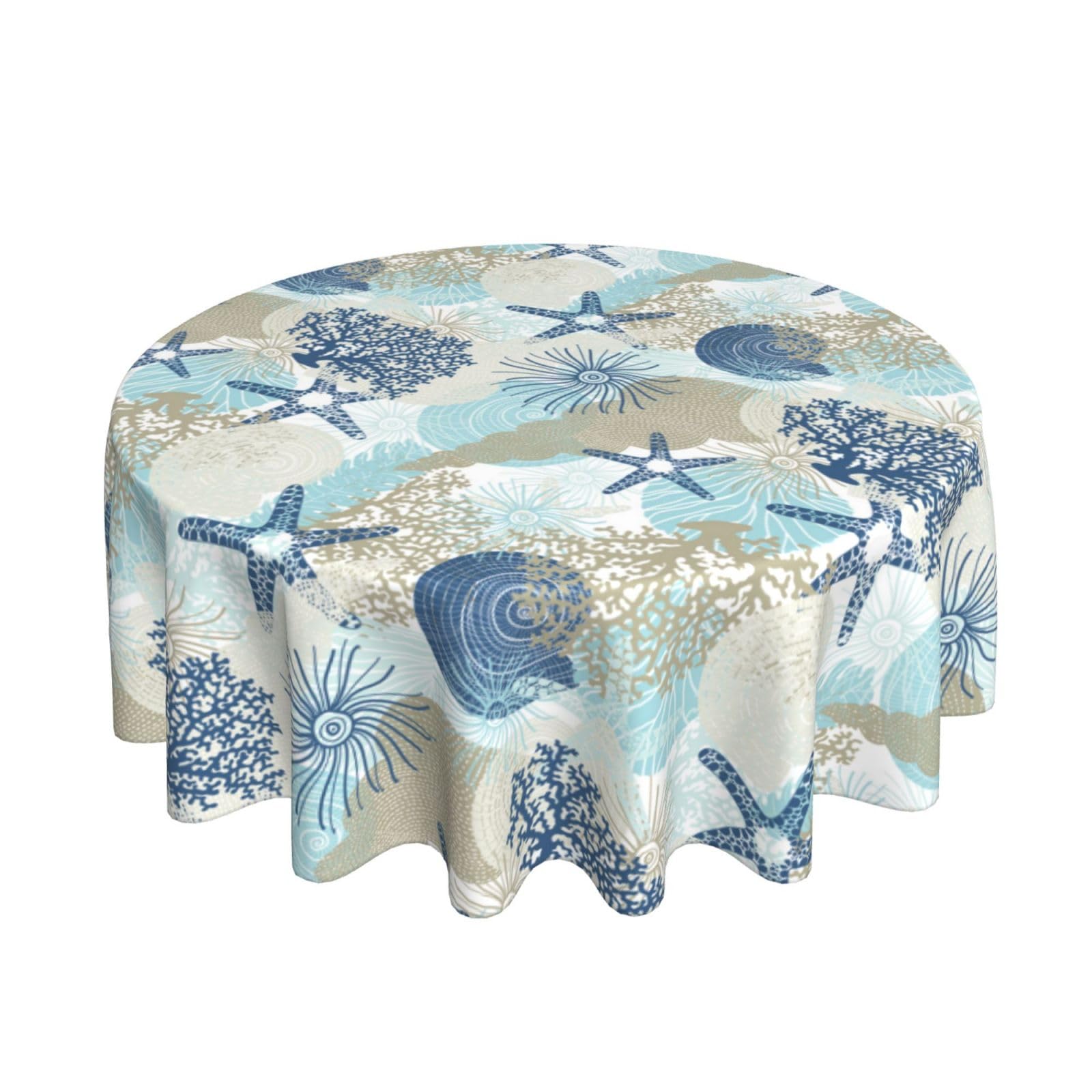 FJQWKLF Summer Nautical Coastal Tablecloth Round 60 Inch Beach Starfish Ocean Coral Seashell Printed Table Cloths Circular Table Cover for Party Kitchen Dining Picnic Holiday Outdoor Decor