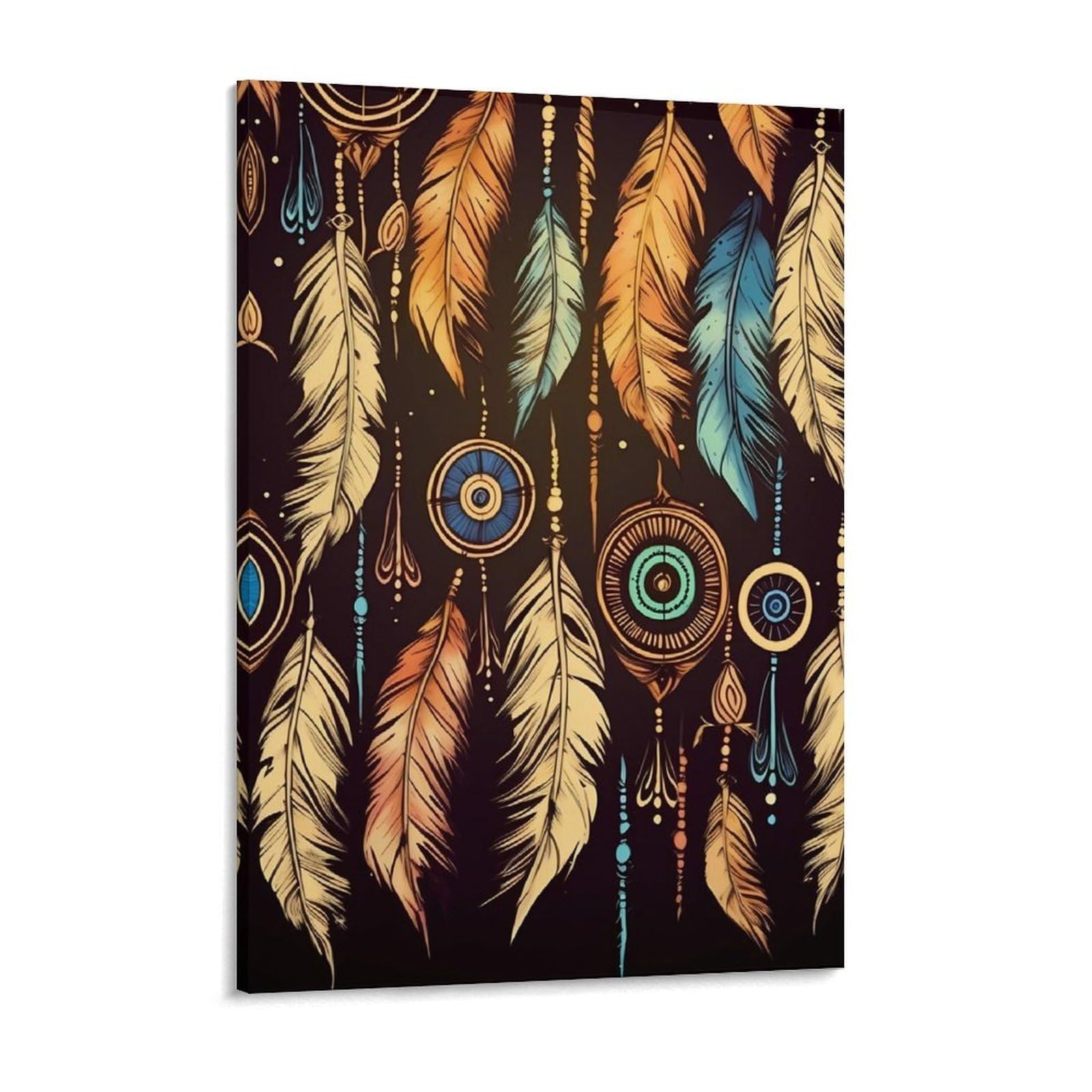 Vintage Ethnic Tribal Feather Canvas Wall Art for Bedroom 12x16inch Canvas Prints Artwork for Walls Modern Picture Artwork Painting for Living Room Aesthetic Wall Paintings for Bathroom Kitch