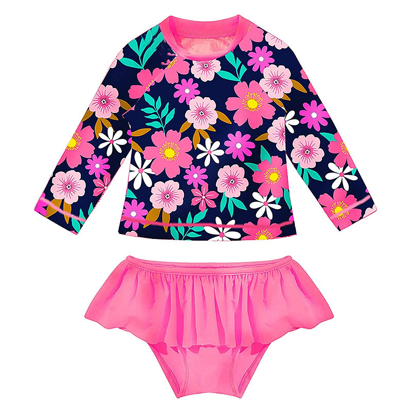 WYTbaby Bañador Niña Dos Pieza Manga Larga Traje de Baño Niñas con Volantes UPF 50+ Proteccion Solar Natacion Playa Transpirable Secado Rápido Bañador para Niña 3-8 Años